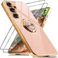 thumbnail image 1 of LAICAIW for Samsung Galaxy A54 5G Case with 2 Screen Protector, Built-in 360 Degree Rotation Ring Magnetic Stand, Luxury Shiny Plating Edge Shockproof Electroplated Protective Cover (Pink/Golden), 1 of 6