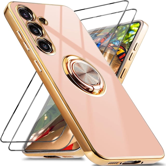 LAICAIW for Samsung Galaxy A54 5G Case with 2 Screen Protector, Built-in 360 Degree Rotation Ring Magnetic Stand, Luxury Shiny Plating Edge Shockproof Electroplated Protective Cover (Pink/Golden)