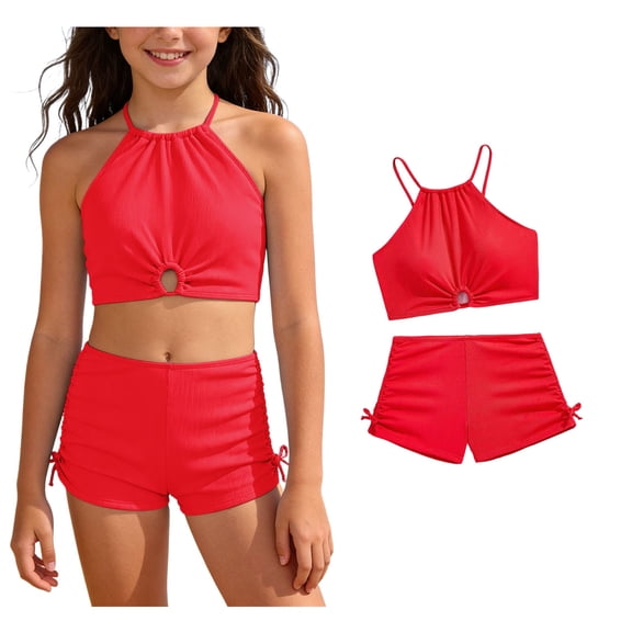 Girls Swimming Suits Girls Tankini Swimsuit Sets Adjustable Strap Halter Backless Tank Top And Drawstring Bottoms Clothes for 13-14 Years Old Girls