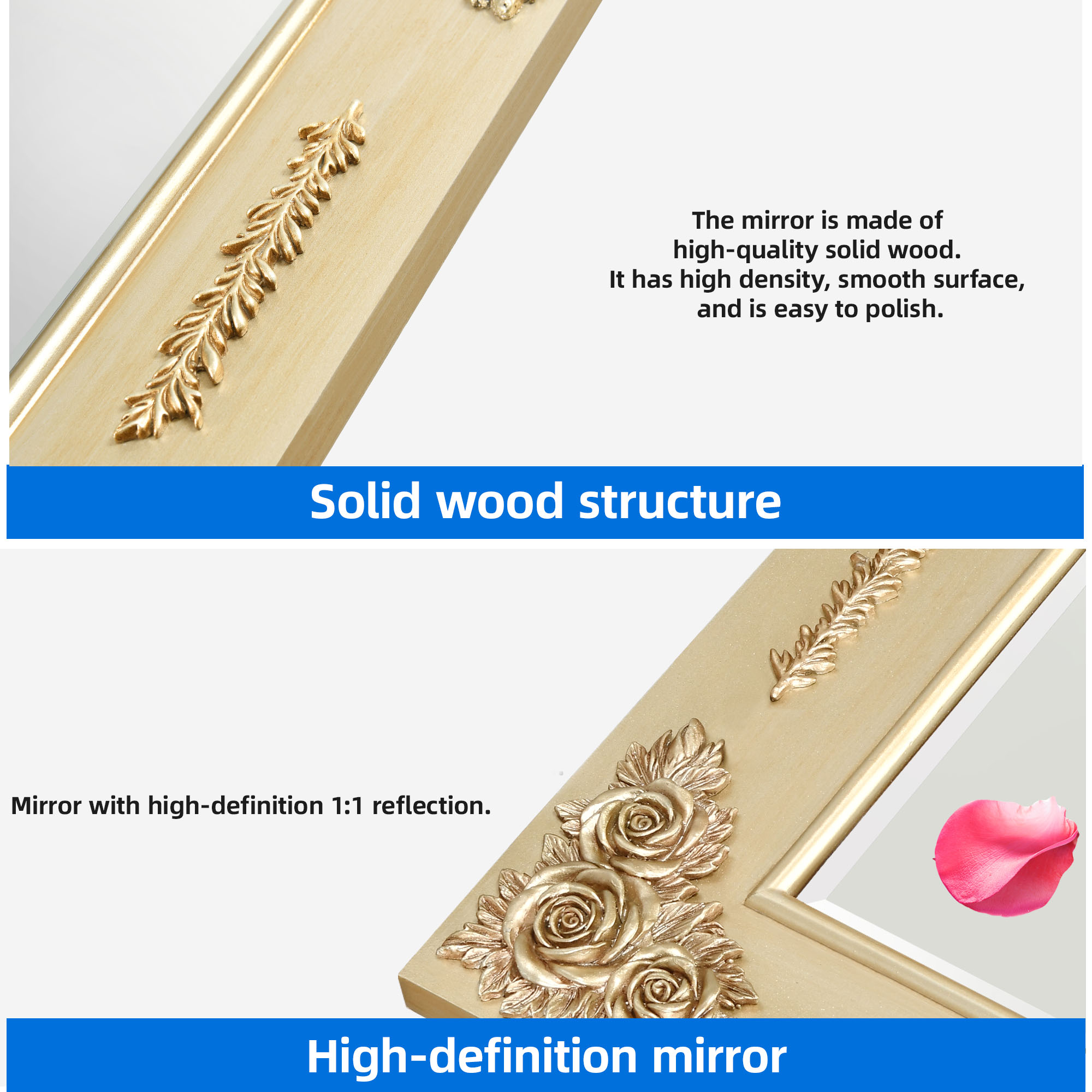 Dextrus 47"x18" Wall Mirror with Rectangular Wood Frame, Vintage Mirror, French Vanity Mirrors for Wall for Bathroom, Bedroom, Living Room, Gold