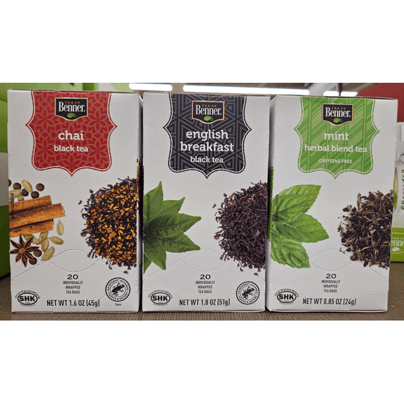 Benner Tea Co Assorted Tea Bags Chai, English Breakfast, Mint (3 Boxes)