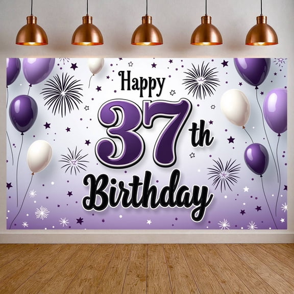 Purple Theme 37th Birthday Banner White Balloons Display Firework Design Star Pattern Birthday Party Backdrop for 37th Birthday Party Adult Birthday Celebration Indoor Decoration