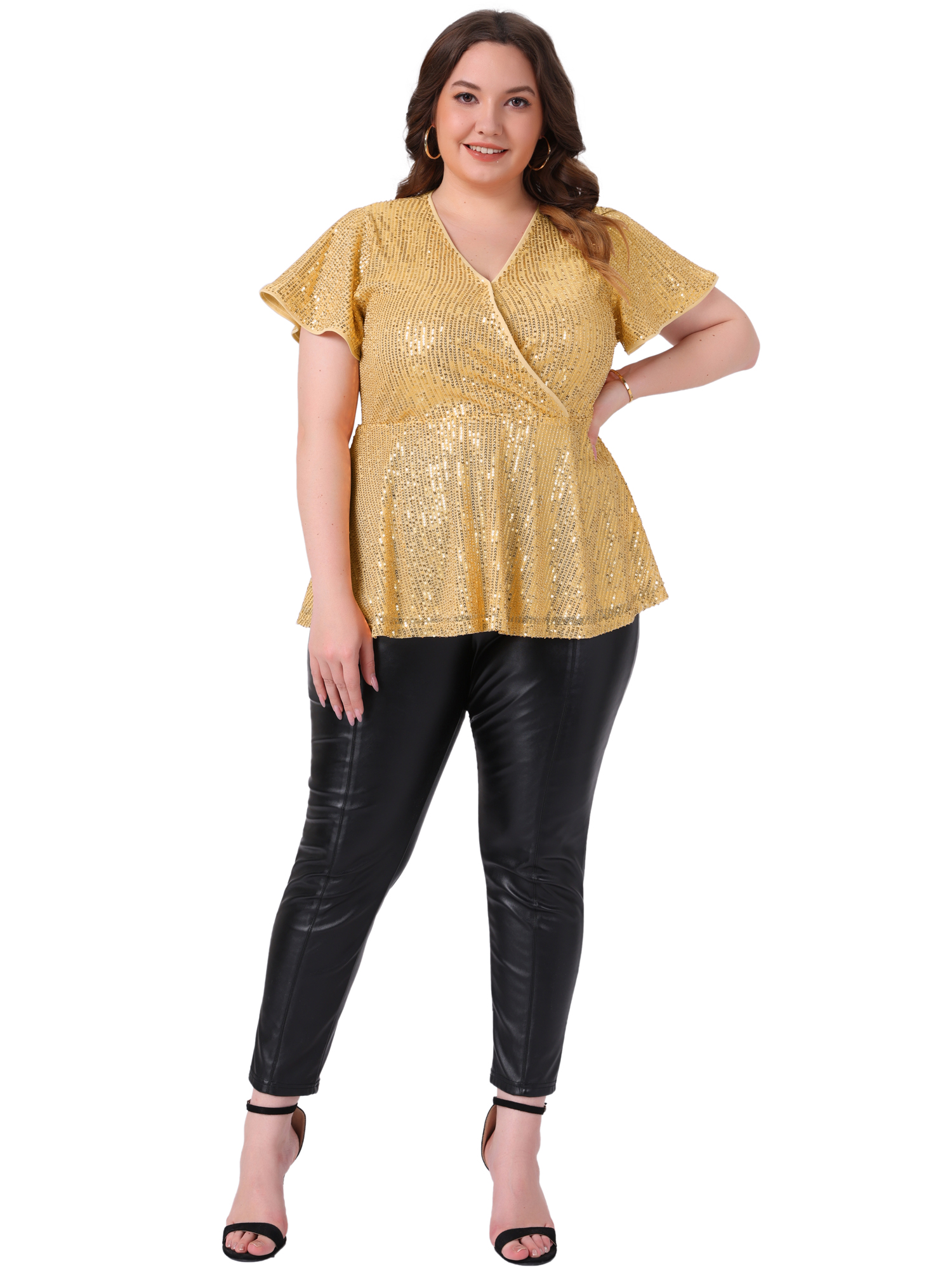 DARING DIVA Women's Plus Sequin V Neck Faux Wrap Metallic Shirt 3X Gold