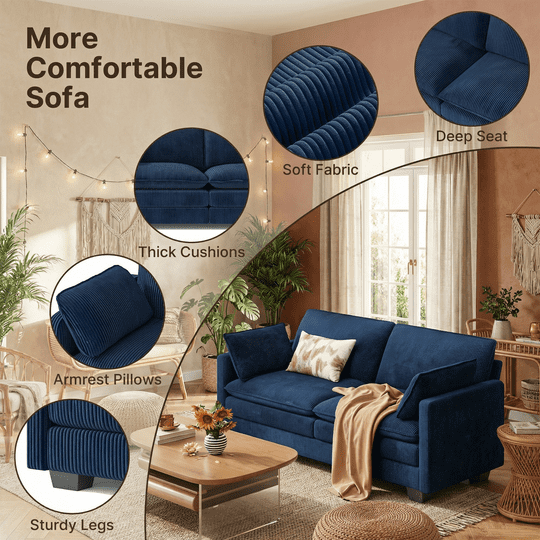 Aiho 75" L Loveseat Sofa, Comfy Corduroy Fluffy Couch with Deep Seat with Double Layer Cushions for Living Room, Apartment, Bedroom, Bedroom - Blue