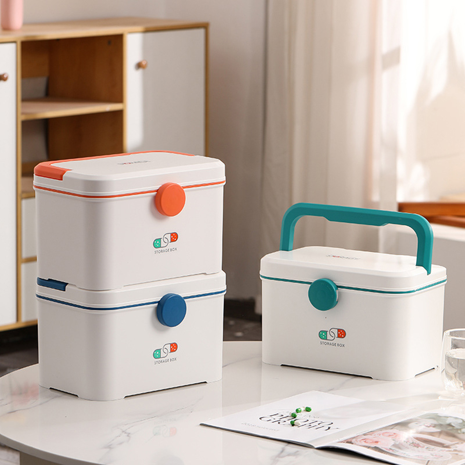 YUNx Pill Storage Box Large Capacity Double Layers with Handle Rotary