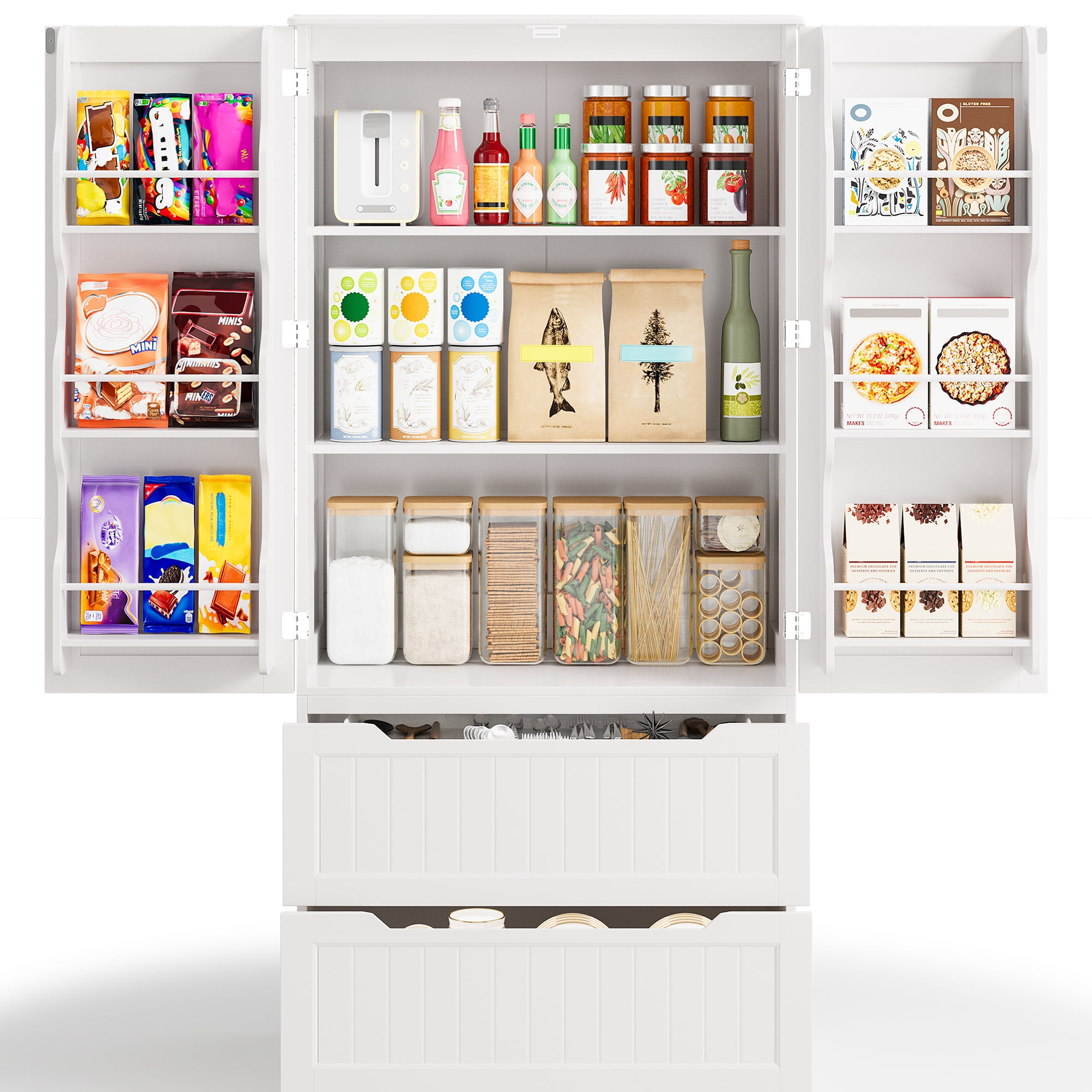 Pantry Cabinet, Lofka 63" Kitchen Pantry Storage Cabinet with Magnetic Doors and 9 Shelves, White