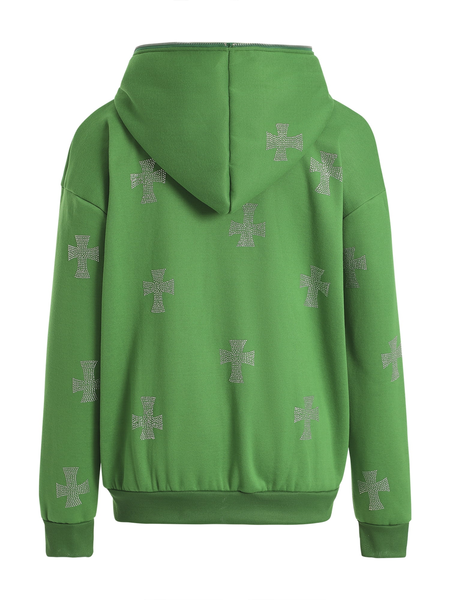 CIYCuIT Women Casual Zipper Up Hoodie Rhinestone Cross Pattern Long Sleeve Pullover Sweatshirt