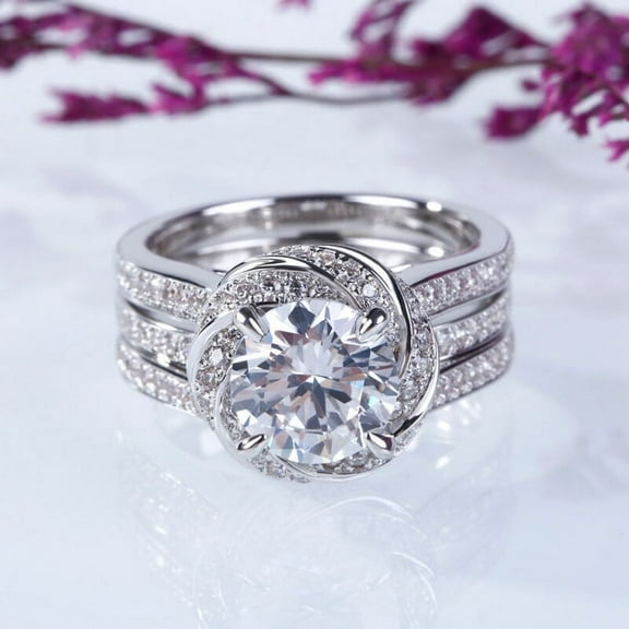 Eclet Jewels 1.9 Ct Round Cut Diamond Ring for Women's - 14K White Gold Plated Ring Set - Wedding Swirl Ring with Matching Band - Bridal Ring Set for Special Occasion - Surprise Diamond Ring