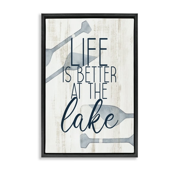 Stupell Industries Better at Lake with Oars Text & Numbers Painting Black Floater Framed Canvas Art Print Wall Art, 17 x 25