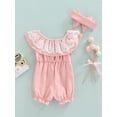 thumbnail image 4 of Seyurigaoka Baby Girls Summer Romper with Headband, Off-Shoulder Ruffle Layer Lace Boyshort Style Romper, Infant Short Pants Jumpsuit, 4 of 8