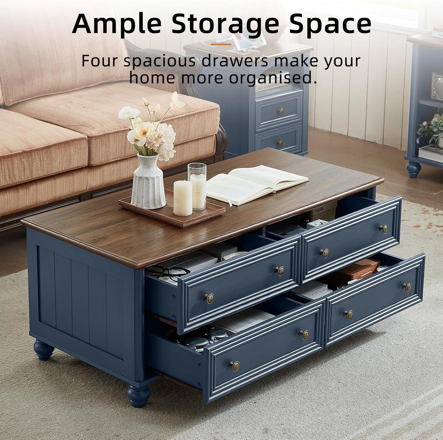 Leyaoyao 48" Farmhouse Coffee Table with Hidden Storage, 4 Drawers &Roman Column Knobs,Rustic Center Table with Wood Curved Legs for Living Room,Blue