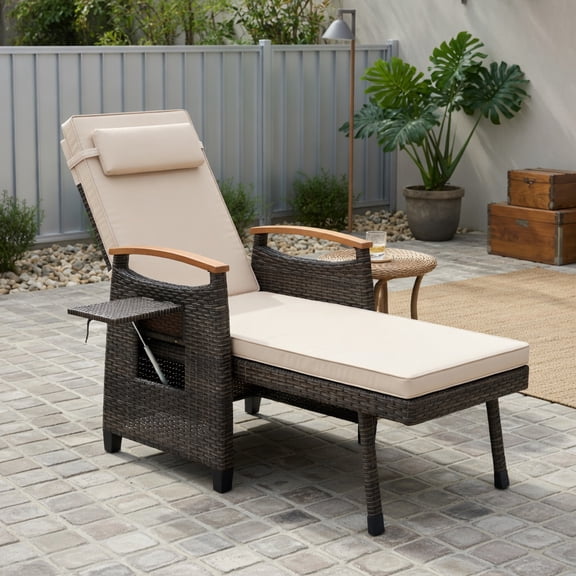 Adjustable Wicker Recliner Chair with Footrest & Side Table – PE Rattan Outdoor Patio Lounge Chair in Brown, Off-White, Navy, Black Cushions