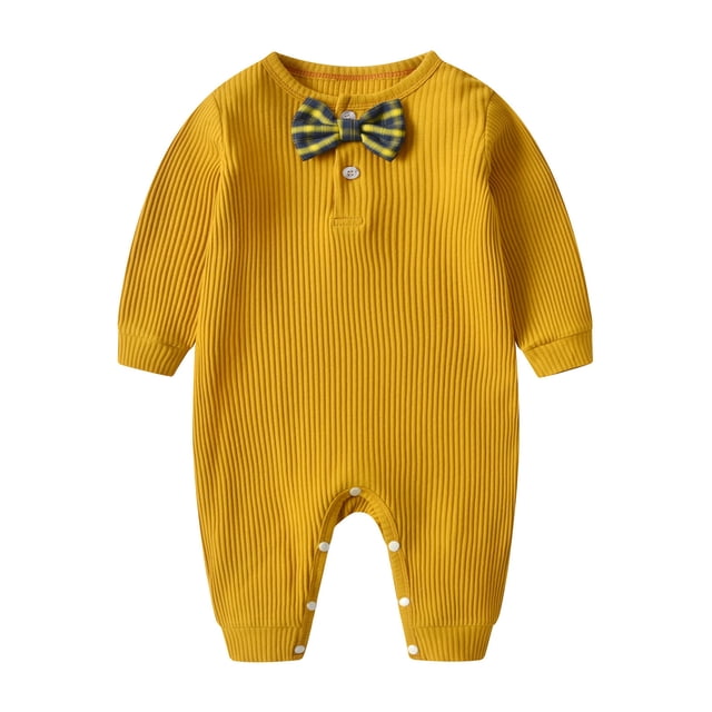 tarylea Clothes for Baby Girls Boys Crew Neck Button Rompers with Bow Tie Solid Color Long Sleeve Ribbed Outfits Casual Fall Basic Jumpsuits for 0-1.5 Years