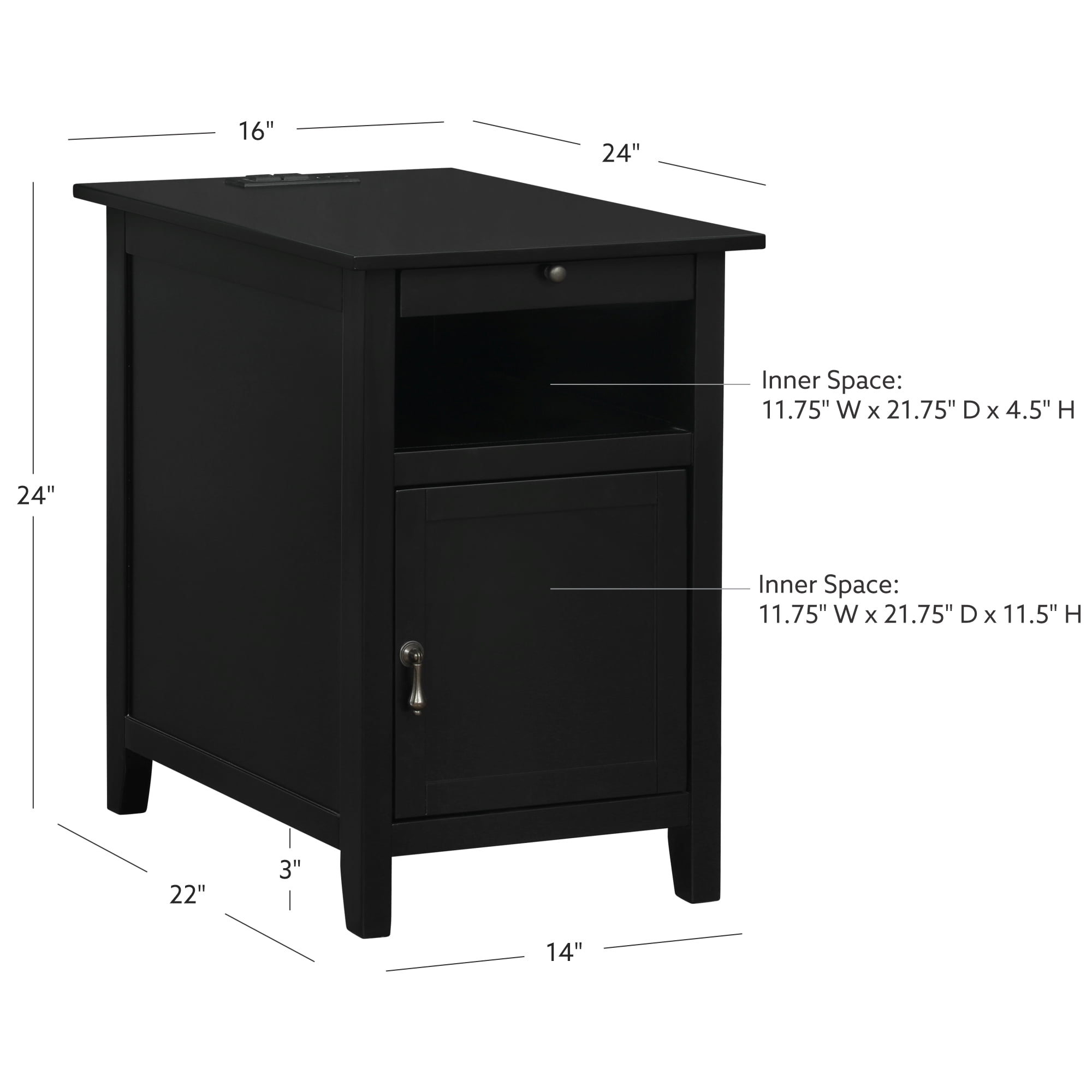 Powell Bryson Indoor Side Accent Table with Storage and Built-In USB Port, Black