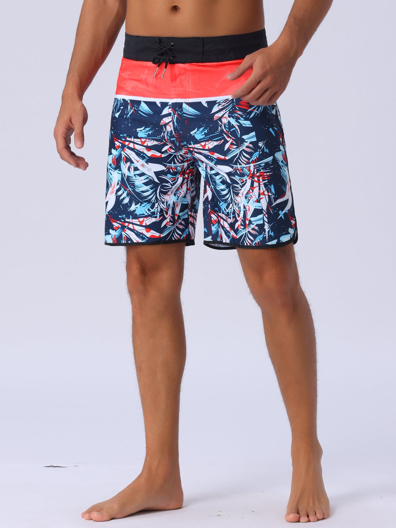 DARING DIVA Men's Elastic Waist Drawstring Hawaiian Print Athletic Swim Trunks 30 Black Red