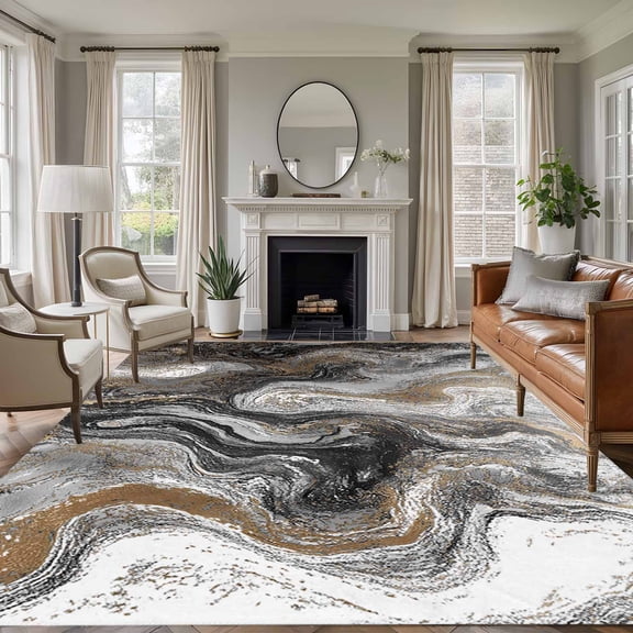 Abstract Fluid Washable Living Room Rugs 8'x10', Vintage Gold Black Marble Texture Low Pile Throw Large Area Rug Non-Slip Sturdy Edge Binding Carpet for Bedroom Dining Room Office