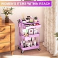 thumbnail image 6 of Yeabett 3 Tier Rolling Utility Cart Organizer with Removable Drawer, Mobile Storage Carts with 2 Lockable Wheels for Bathroom, Kitchen, Snack, Craft, Makeup, Baby Essentials，Purple, 6 of 7