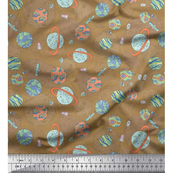 Soimoi Brown Rayon Fabric Satellite & Planet Galaxy Decor Fabric Printed Yard 56 Inch Wide