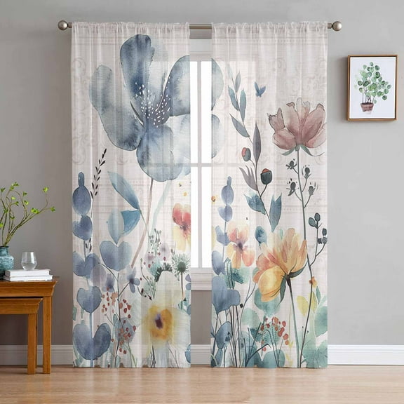 Blue Spring Floral Sheer Curtains 63 Inches Length 2 Panels Set, Window Sheer Curtains for Living Room/Bedroom, Vintage Watercolor Summer Botanical Light Filtering Rod Pocket Curtain 52'' x 63'' x 2