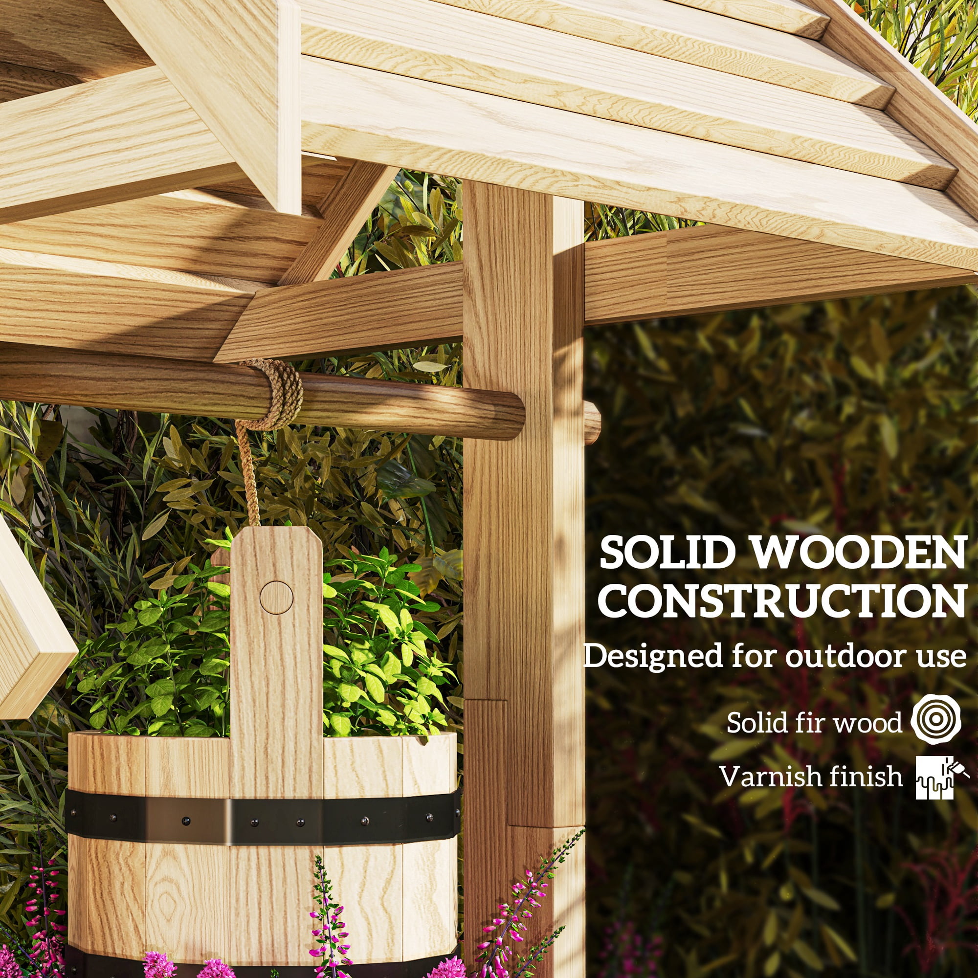 Outsunny Wishing Well for Outside, Wood Wishing Well Planter with Hanging Bucket, Decorative Planter with Drain Hole for Garden Patio, Natural