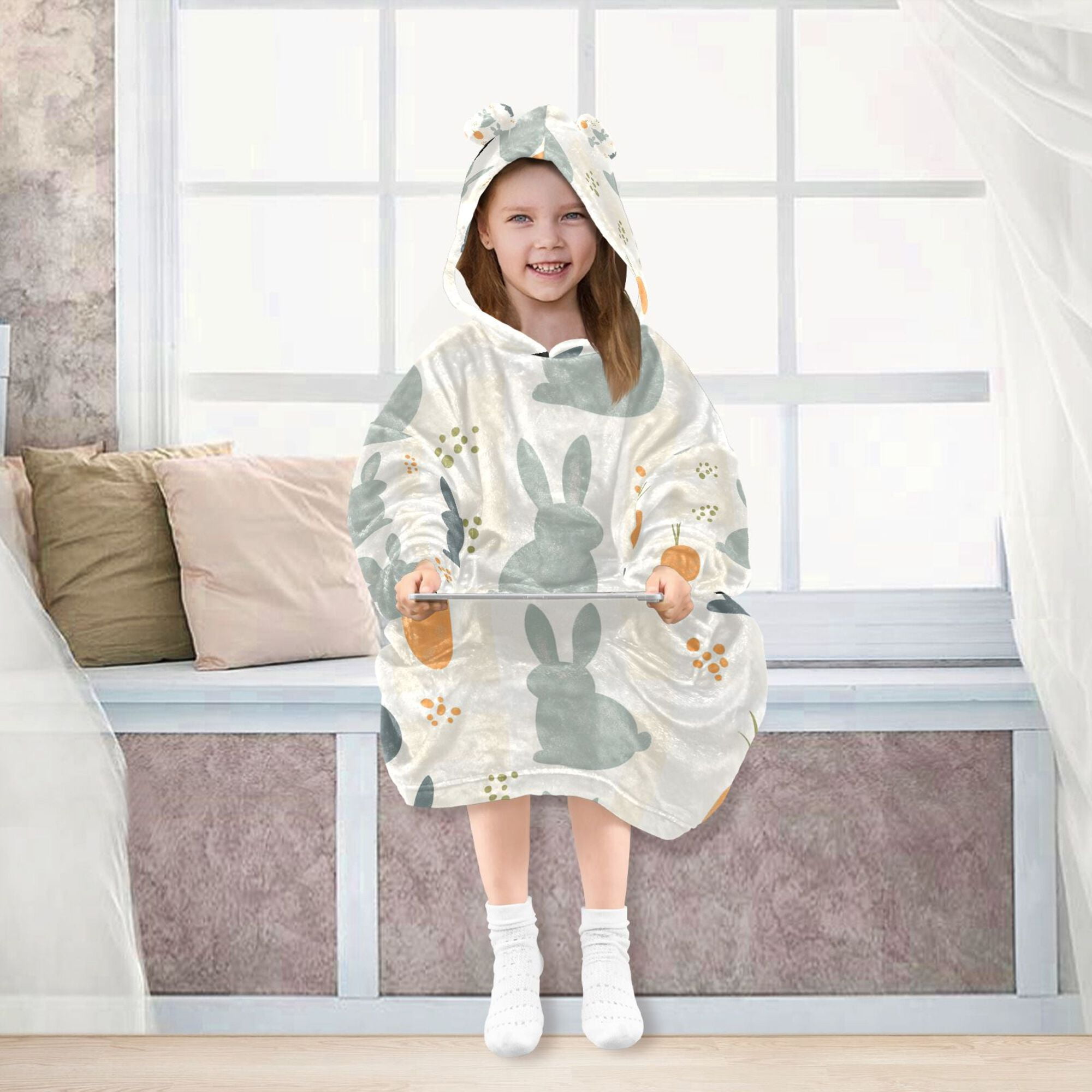 FORMRS Wearable Blanket Hoodie with Sleeves for Kids Cozy Flannel Sweatshirt, Whimsical Rabbits