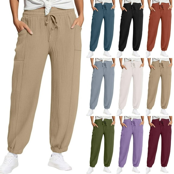 Ashirexll Winter Women Pants Casual Pants for Women Elastic High Waist Linen Trousers with Pockets Fashion Warm Comfortable Wear