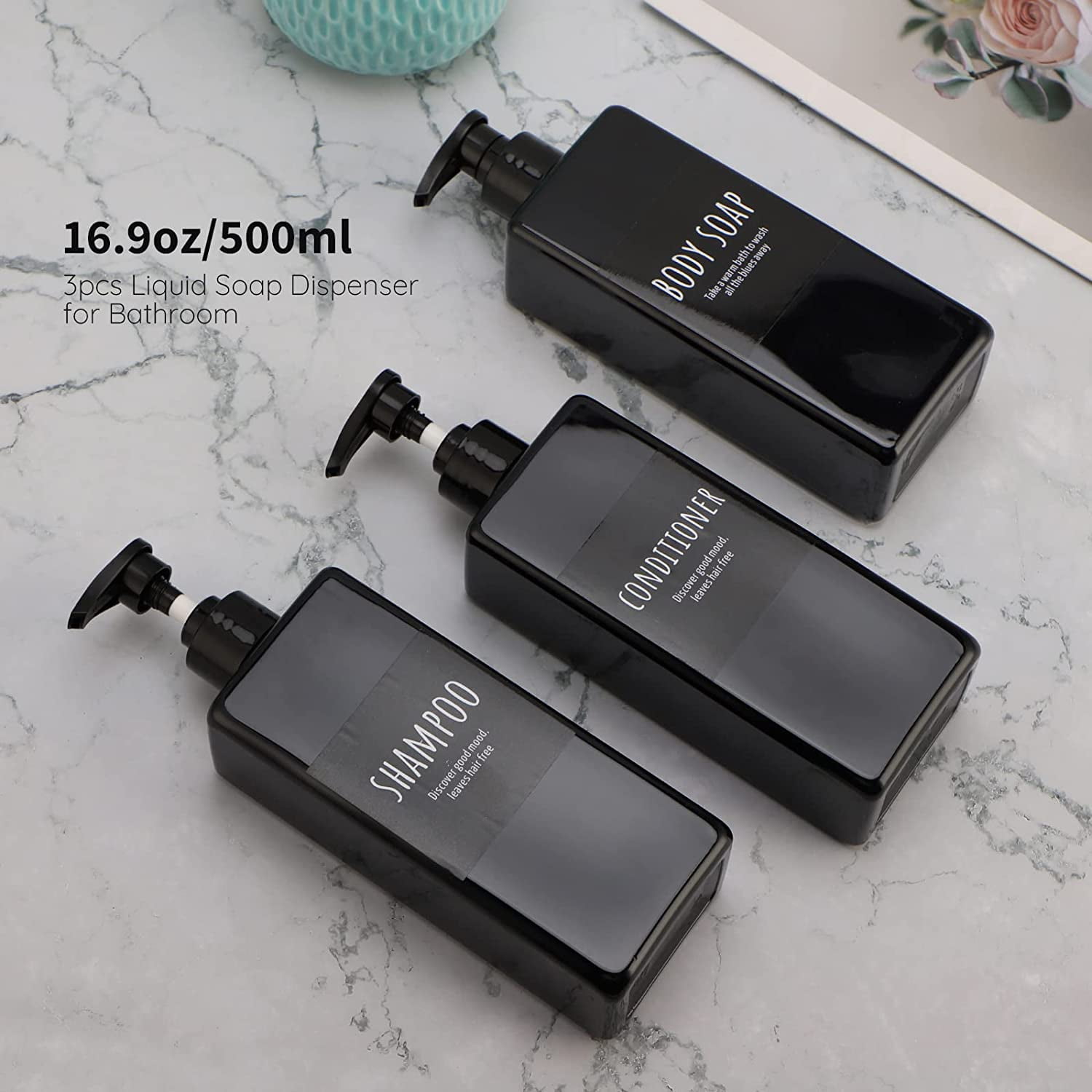 Segbeauty Shower Soap Dispenser Set - 3 Black 500ml Refillable Pump Bottles For Shampoo, Conditioner & Body Wash