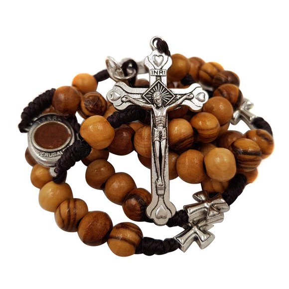 TALISMAN4U Olive Wood Catholic Rosary Prayer Beads with Jerusalem Holy Soil Centerpiece & Certificate Blue Velvet Rosary Pouch