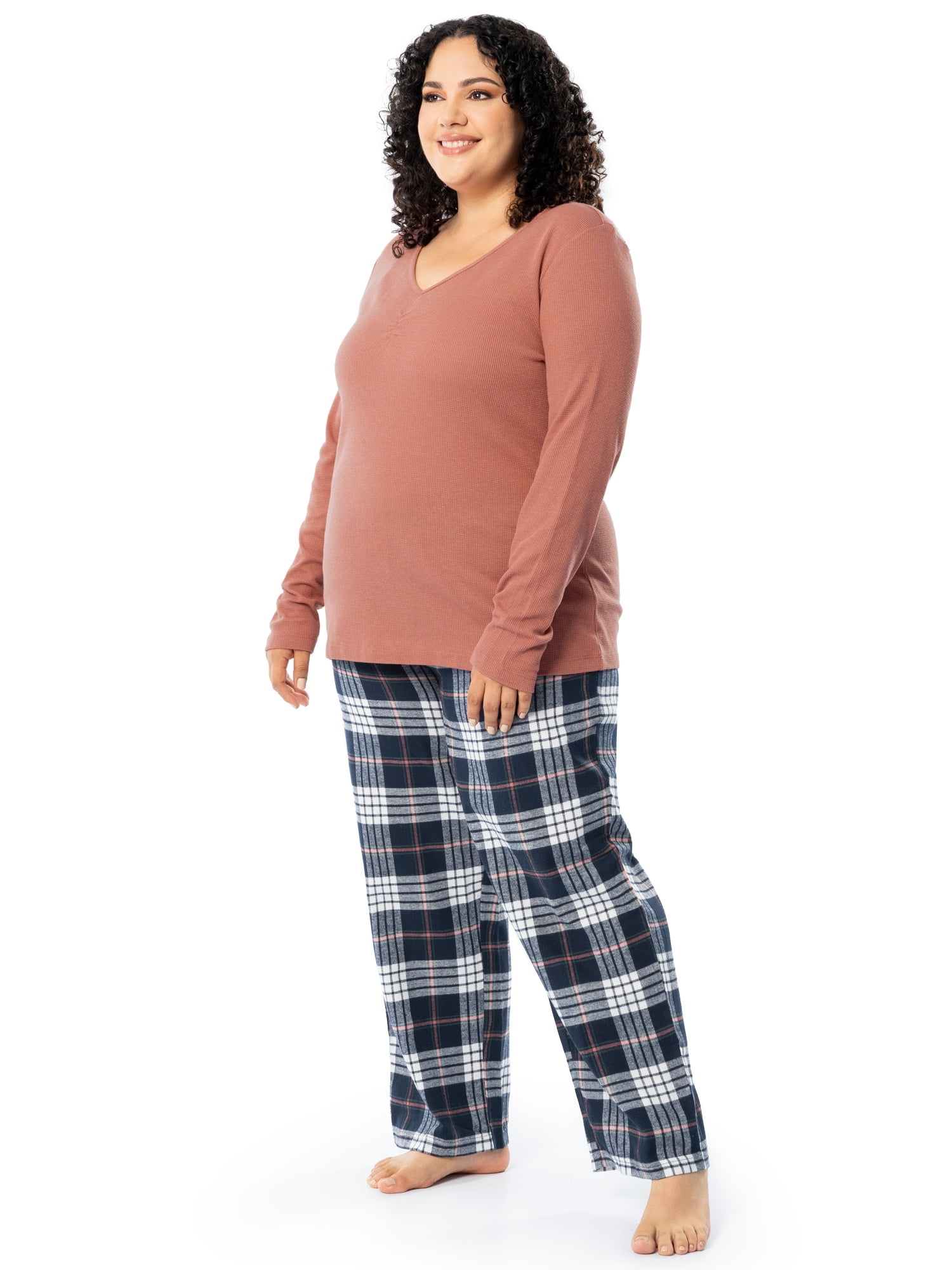 Fruit of the Loom Women's Beyond Soft Long Sleeve Waffle Top and Flannel Bottom Pajama Set, Sizes S-4X
