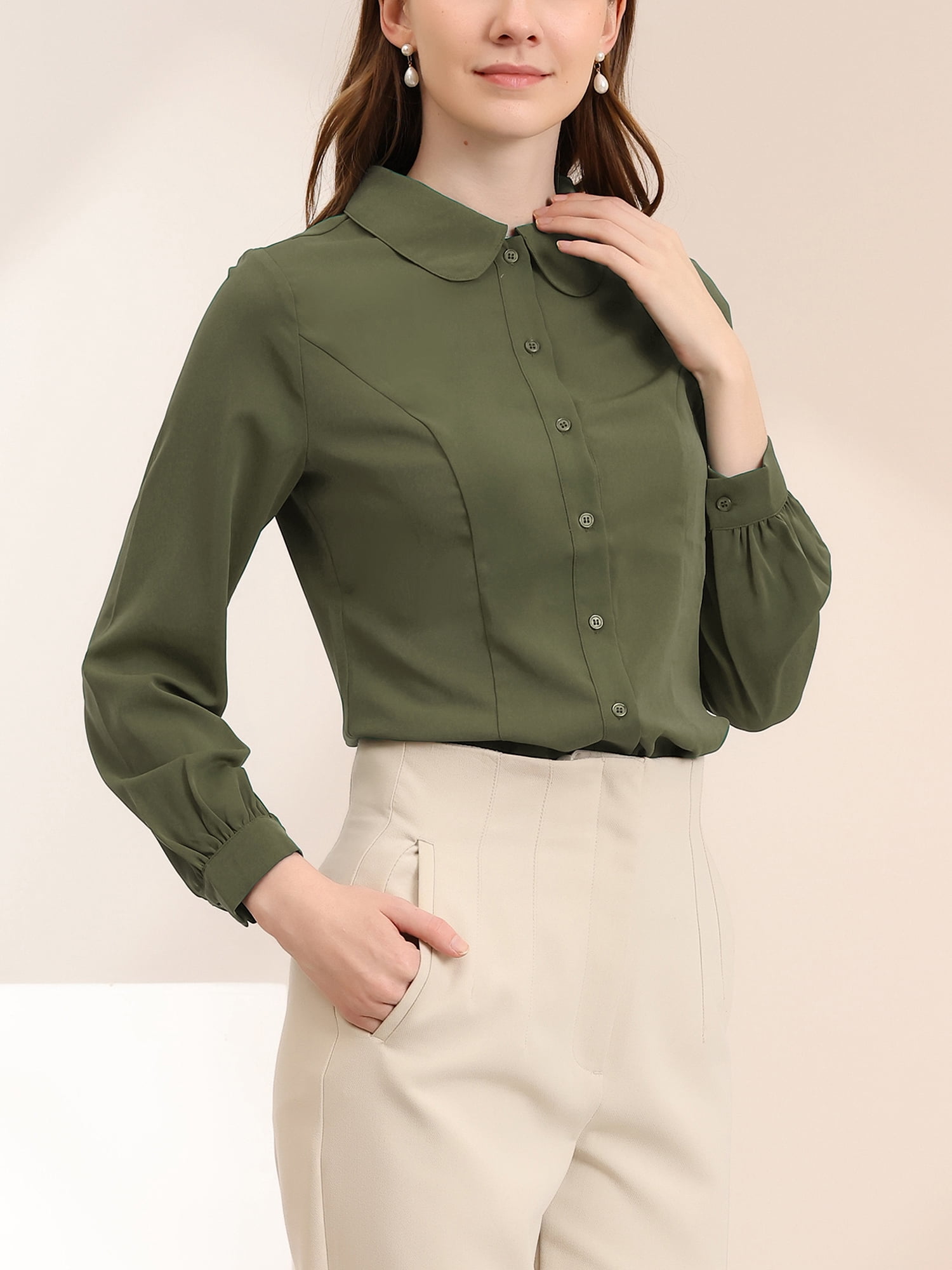 DARING DIVA Women's Peter Pan Collar Long Sleeve Button Down Work Shirts L Army Green