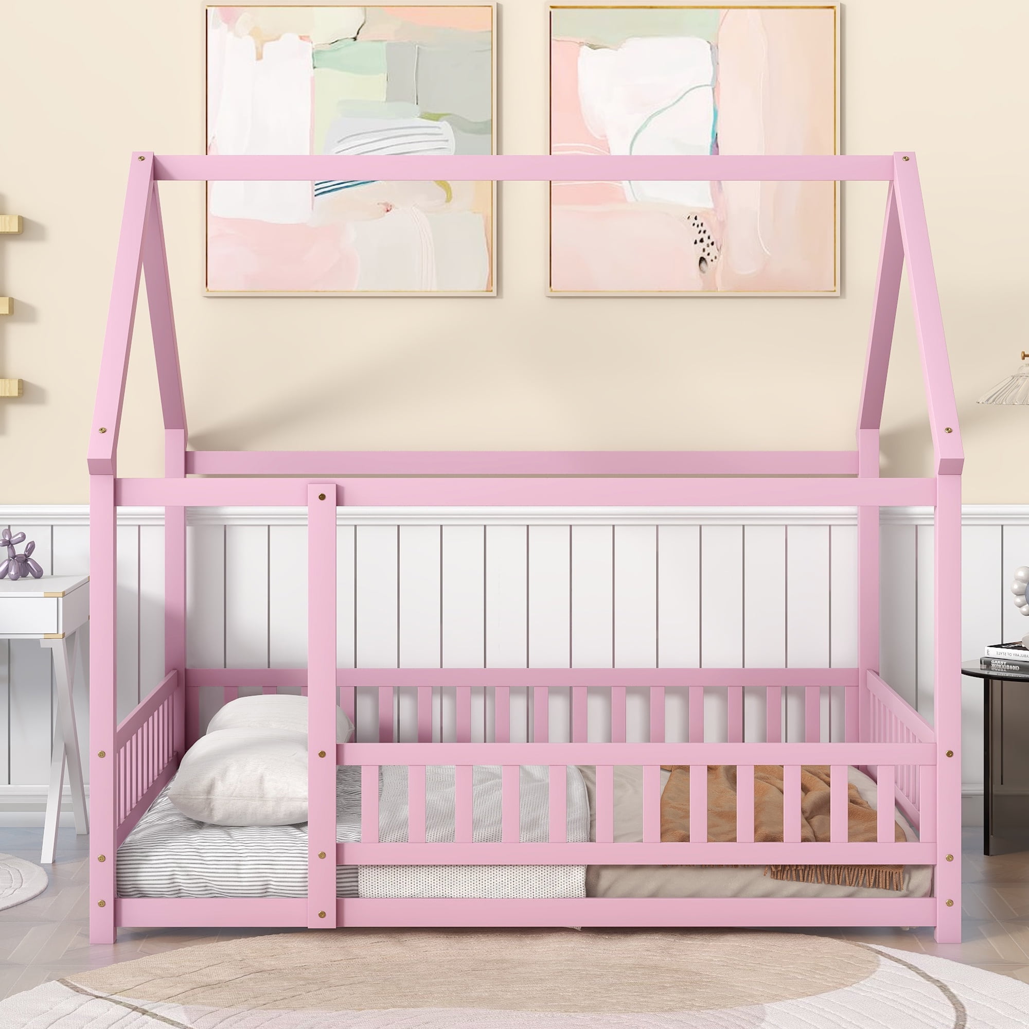 Miniyam Full Size Toddler Bed , Wood Floor House Bed with Rail for Kids, Pink