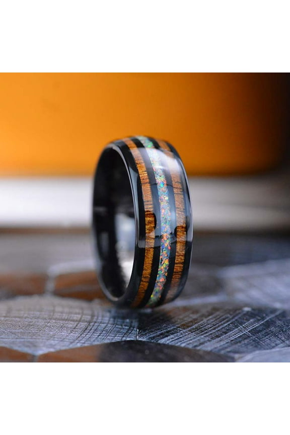 Natural Fire Opal Tungsten Wedding Ring With Hawaii Koa Wood, Size 9