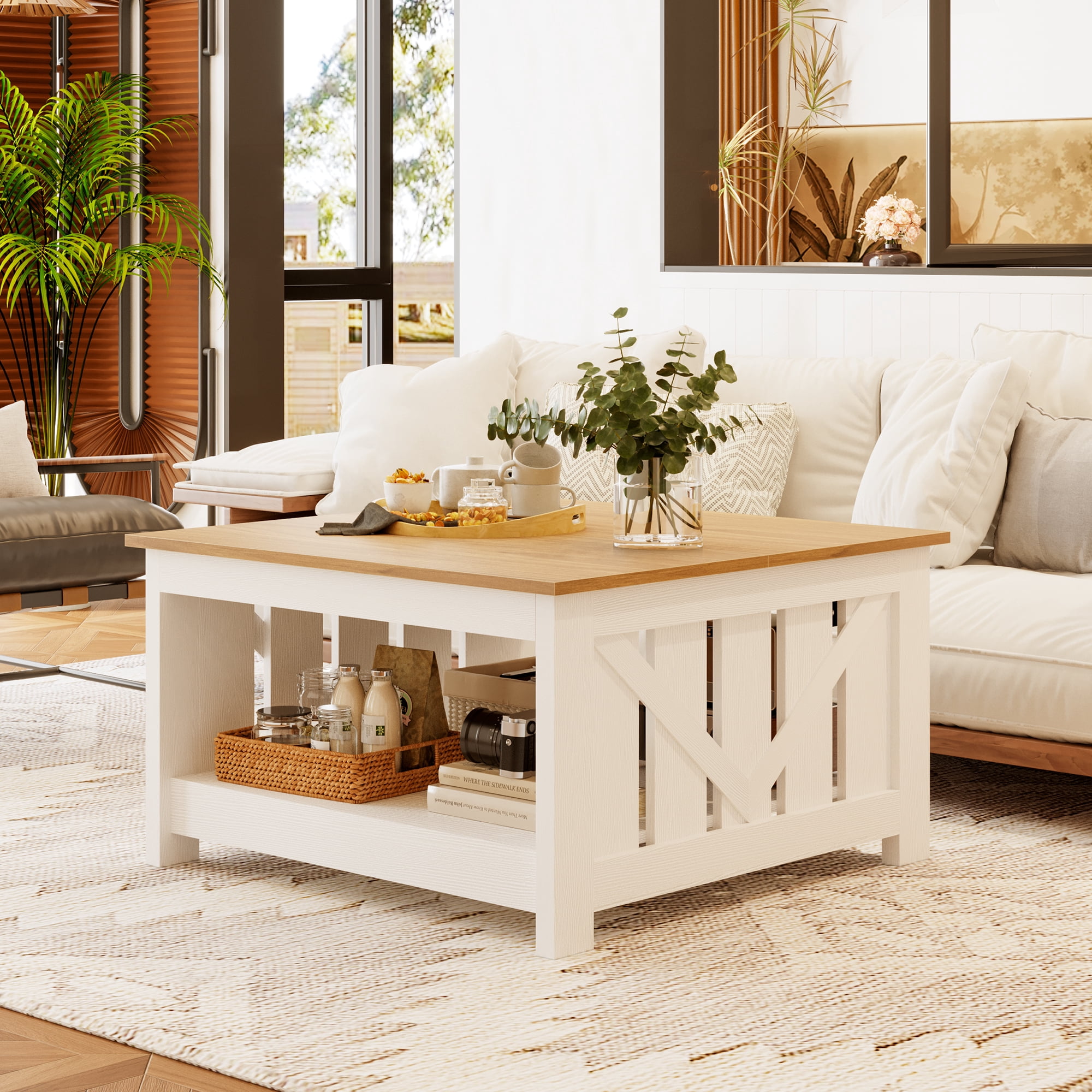 GUNAITO Lift Top Coffee Table with Storage Cabinet and 2 Compartments for Living Room, White, 31.5''Hx31.5''W in