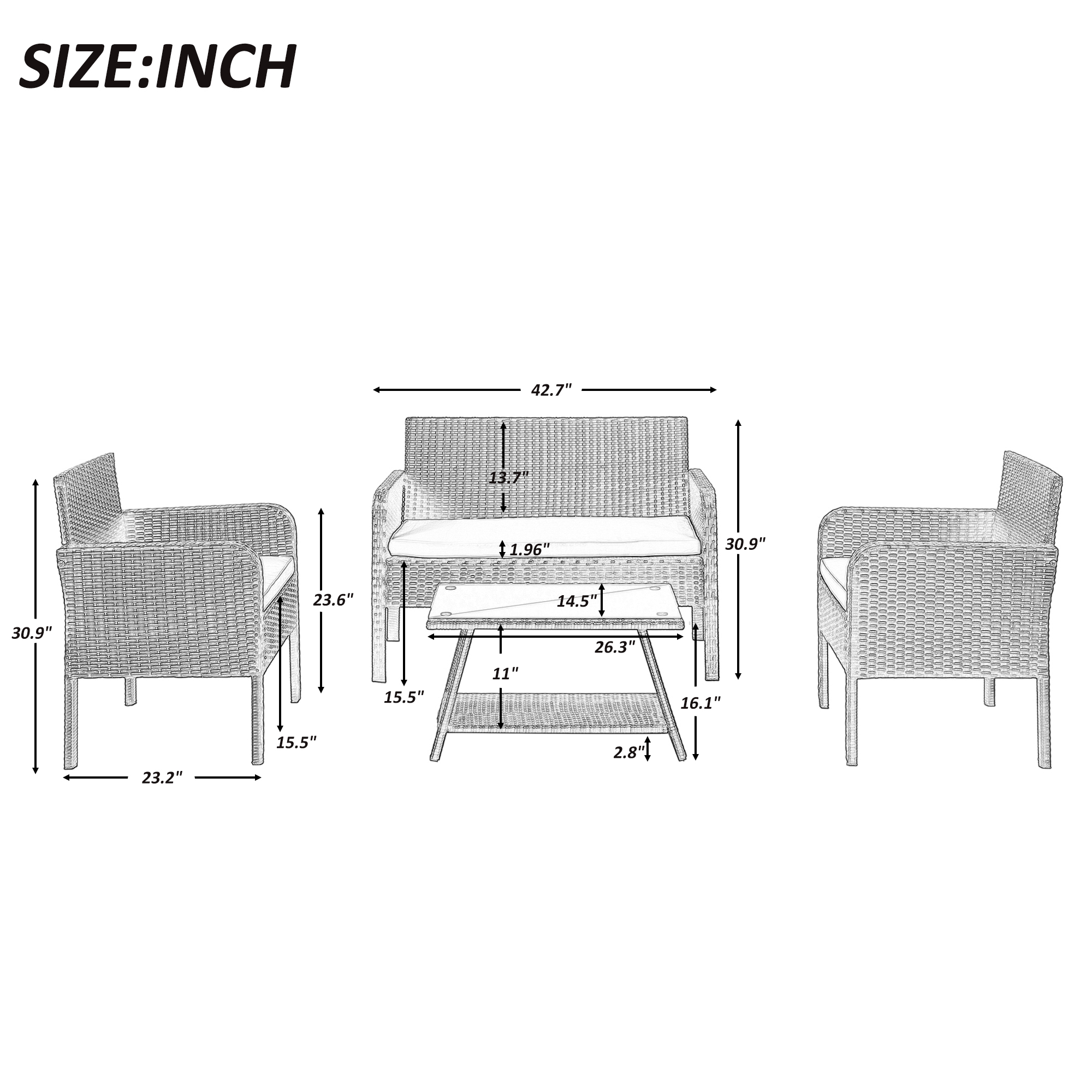 4 Piece Outdoor Patio Furniture Set, PE Rattan Wicker Sofa Set, Outdoor Sectional Furniture Chair Set with Cushions and Tea Table, Wicker Conversation Set for Backyard Lawn Porch Garden Poolside, B298 - image 3 of 7