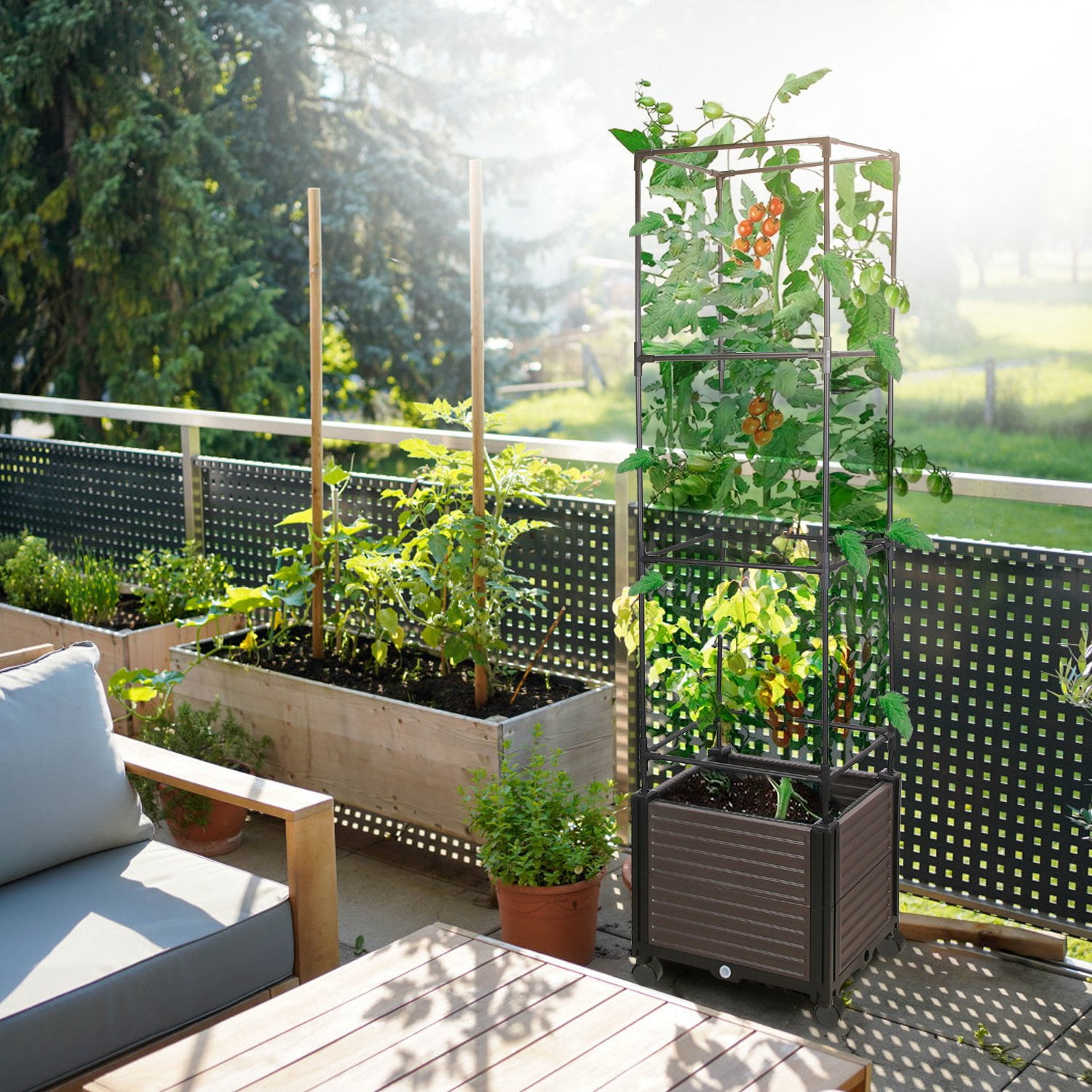 Large Tall Raised Garden Bed with Trellis for Climbing Plants, 63in Expandable Vertical Planter with 4 Lockable Wheels Outdoor Indoor Planter Box for Vines Tomatoes Cucumbers on Patio, Balcony Deck