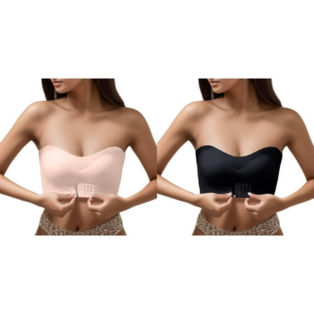2-Pack Women Lingerie Strapless Front Buckle Lift Bra Wire Push Up Bandeau Bra Strapless Bridal Bra Detachable Camisole Bra Pads round Lifts Tape Womens Two Piece Reusable Tape Bra Breezy Bra Pas