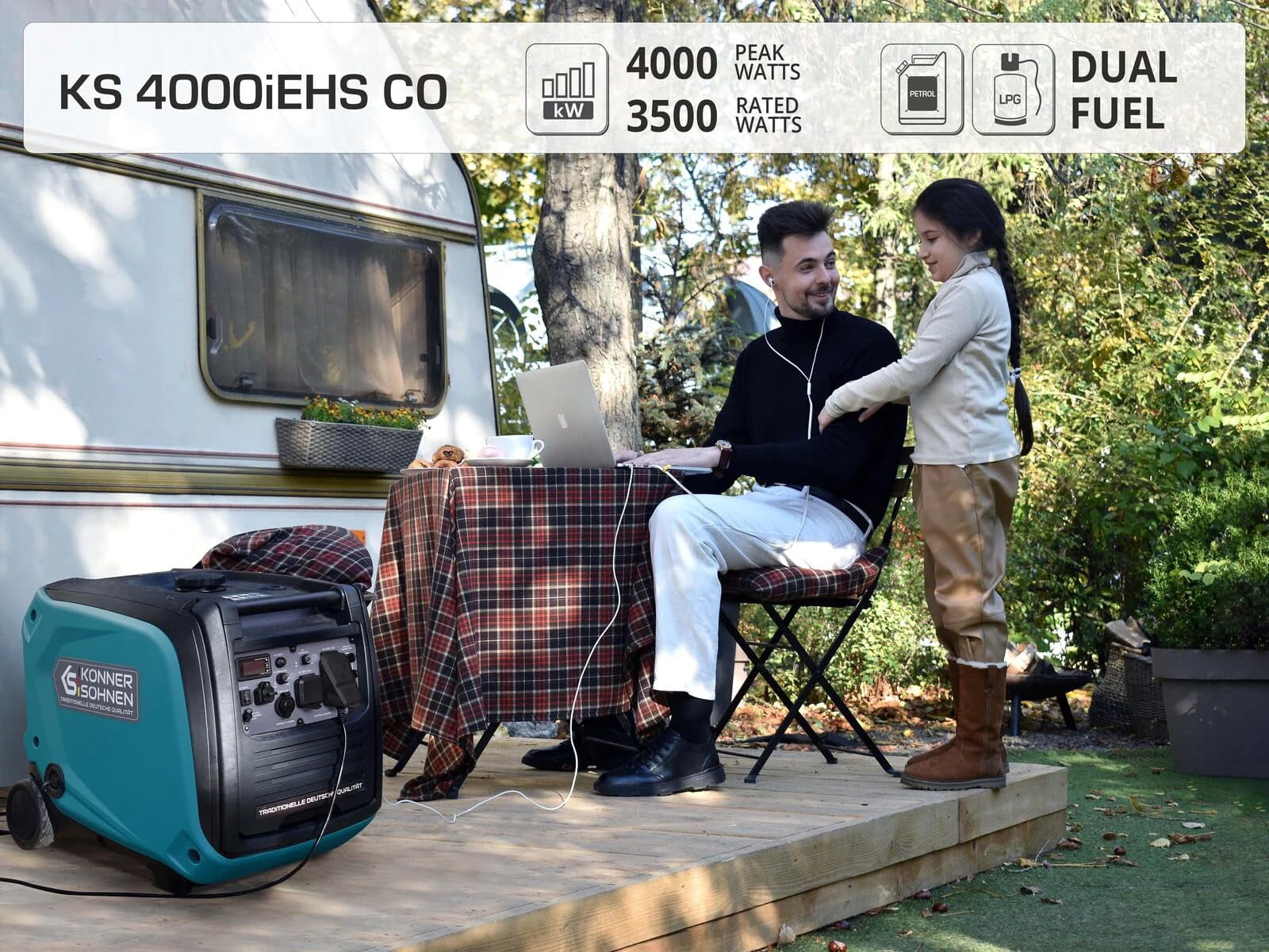 Konner & Sohnen 4000W Dual Fuel Generator Portable LPG/Gasoline 120V USB Quiet Parallel Ready Foldable Handle and Wheels Outdoor Camping Home Backup