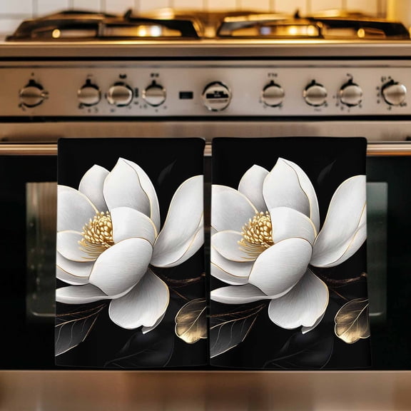 Gorgeous Flowers Kitchen Towels Set of 4, White Gold Floral Botanicals Black Absorbent Dish Towels for Kitchen, Microfiber Hand Towel, Quick Drying Tea Towel for Cleaning Decorative Dishcloths