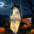 thumbnail image 6 of LOWLHOME 5 FT Hanging Ghost Decor, Halloween Decorations Light-Up Flying Ghost on Broomstick with Witch Hat, Witch Broom, Spooky Cute Outdoor Halloween Decorations for Porch Yard Tree, 6 of 8