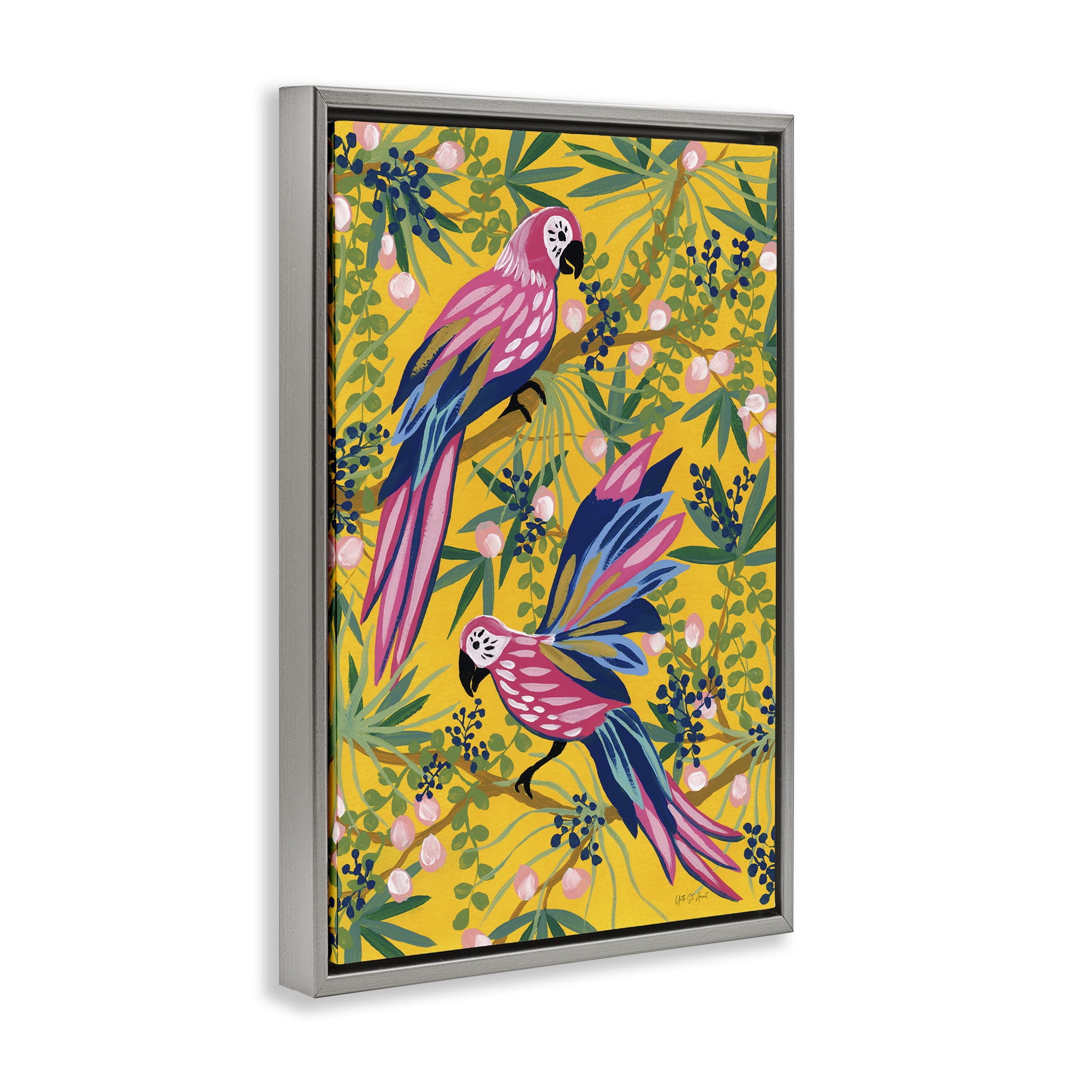Stupell Industries Maximalist Parrots Pattern Animals & Insects Painting Gray Floater Framed Canvas Art Print Wall Art, 17 x 25