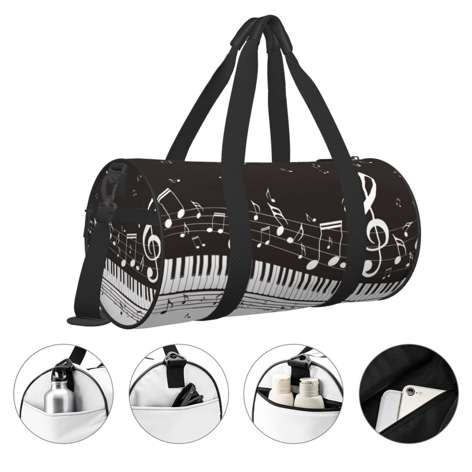 Horeoi Piano Keys With Musical Notes Print Foldable Travel Duffle Bag with Removable Strap - Water-Resistant Gym Vacation Luggage Multi-Pocket Design