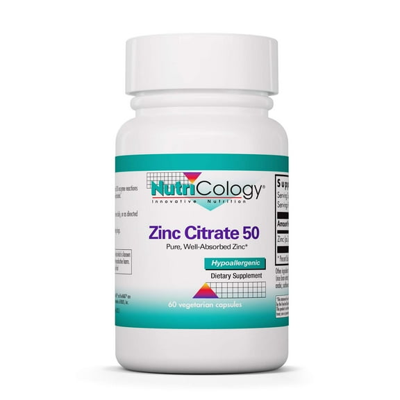 Nutricology Zinc Citrate Supplement - Zinc for Men & Women, Immune support, Pure, Well-Absorbed, Well-Tolerated, Trace Mineral, 50mg Vegetarian Capsules - 60 Count