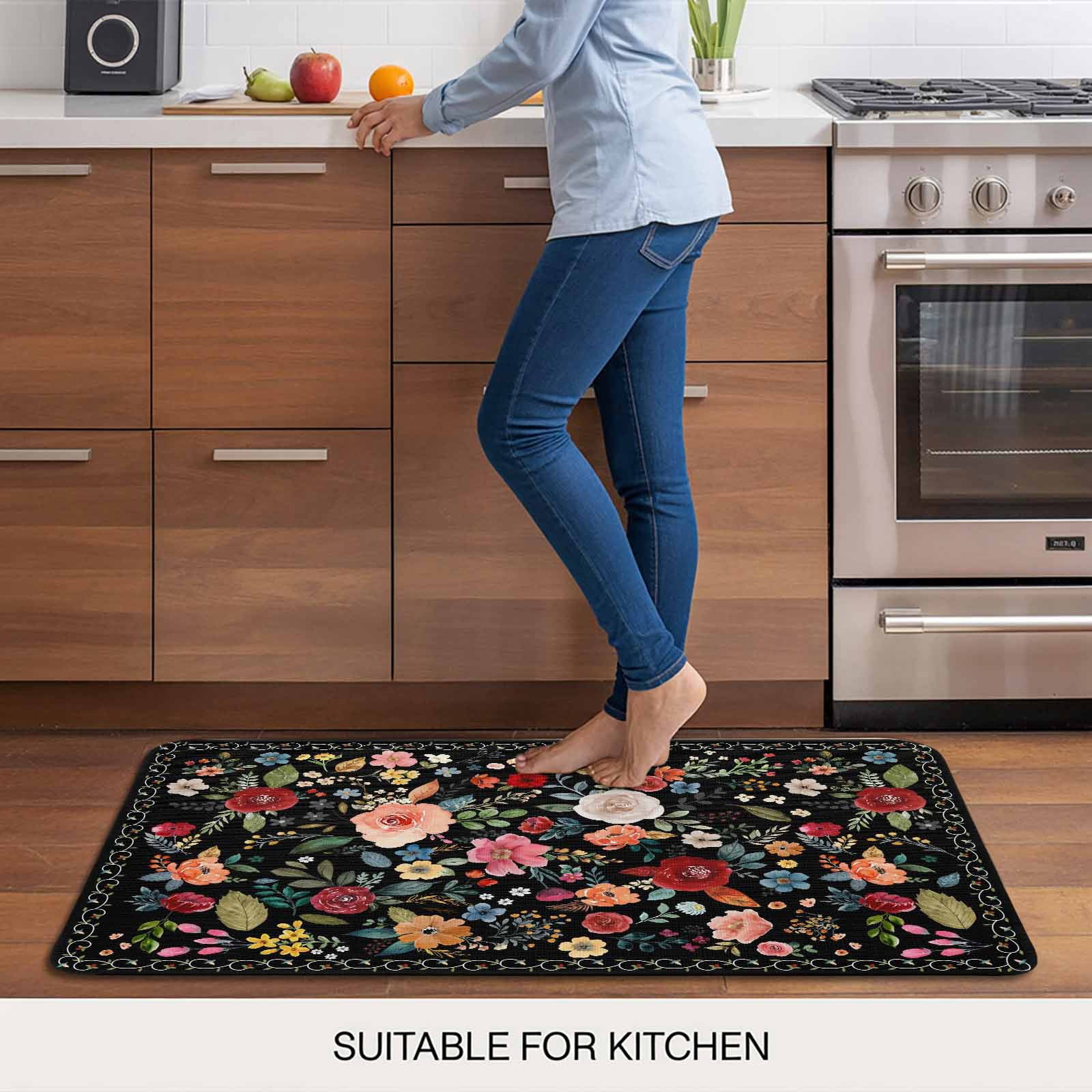 Watercolor Flowers Doormat Outdoor Entrance 18"x30", Farmhouse Floral Vintage Black Absorb Moisture Dirt Door Mats, Non-Slip Rubber Backing Floor Mats Indoor, Low-Profile Front Door Rugs