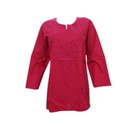 Mogul Womens Ethnic Tunic Blouse Top Floral Embroidered Pink Cotton Long Sleeves Ethnic Kurti Dress L