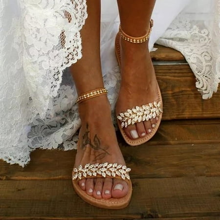 Dpityserensio Women Flats Flowers Beaded Open Toe Breathable Comfortable Shoes Roman Sandals Summer Women Sandals Clearance Brown 9(41)