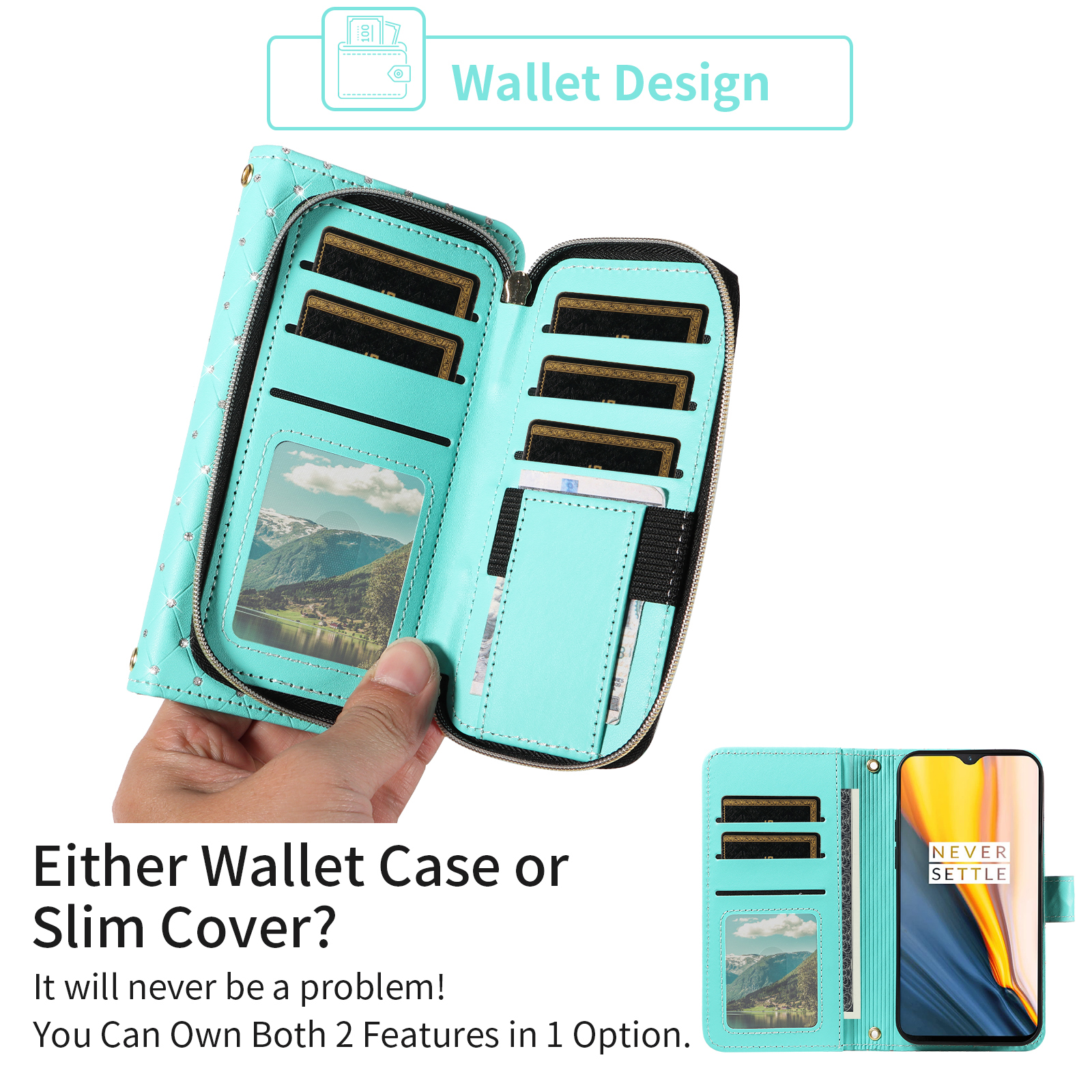 Compatible with Tracfone BLU View 4 B135DL Wallet Phone Case Tempered Glass Screen Protector Bling Crossbody Lanyard Strap Flip Zipper Purse Card Holder Cell Cover for BLUE View 2 2023 Women Green