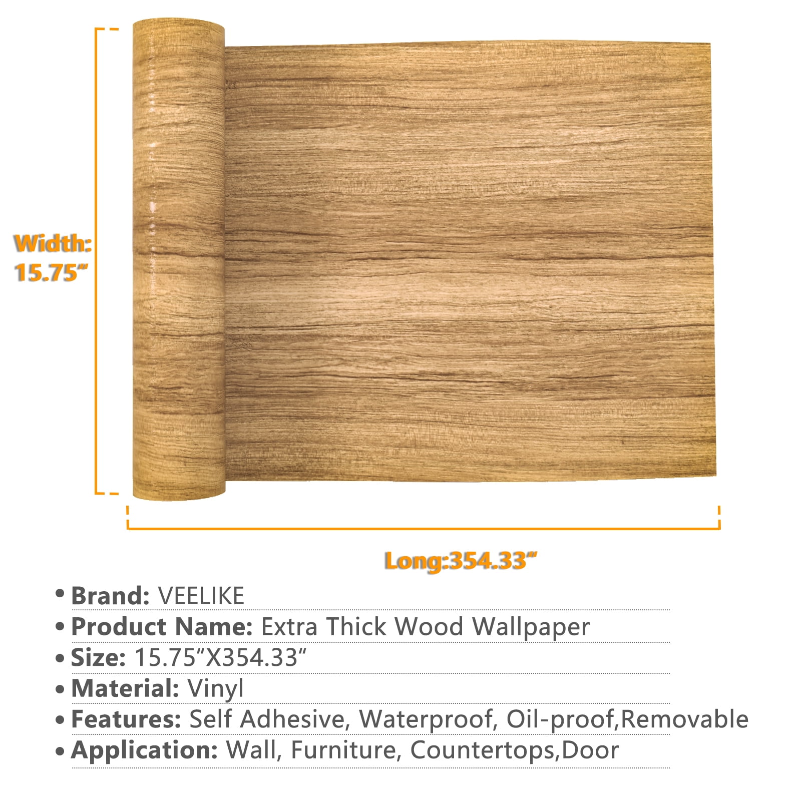 VEELIKE 15.7''x354'' Wood Wallpaper Waterproof Peel and Stick Wood Vinyl Film Self Adhesive Wallpaper Wood Removable Wood Grain Contact Paper Decorative Wall Covering for Cabinets Countertops Bedroom
