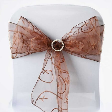 

BalsaCircle 50 Chocolate Brown Fancy Embroidered Sheer Organza Chair Sashes Bows Ties