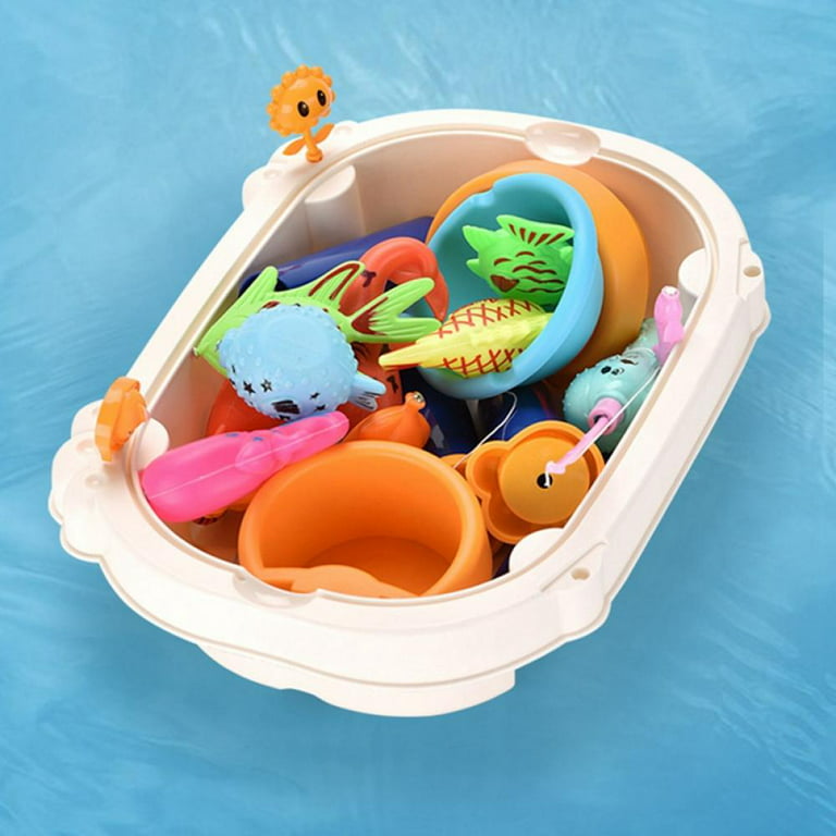 28pcs Kids Fishing Bath Toys Game - Magnetic Floating Toy Magnet Pole Rod Net, Plastic Floating Fish - Toddler Education Teaching and Learning Colors