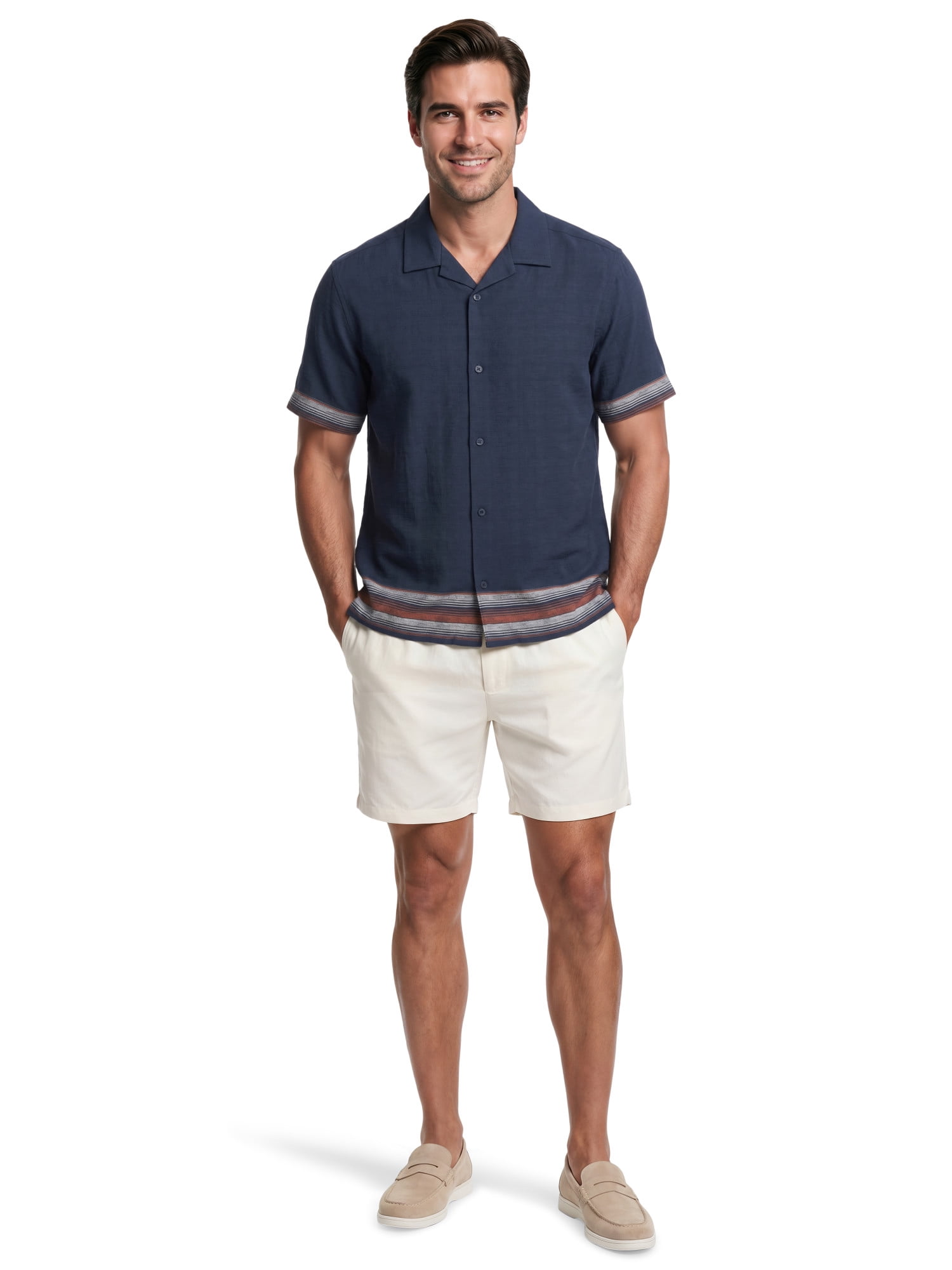 Havanera Men’s and Big Men's Horizontal Panel Print 100% Viscose Short Sleeve Shirt, S-5XL
